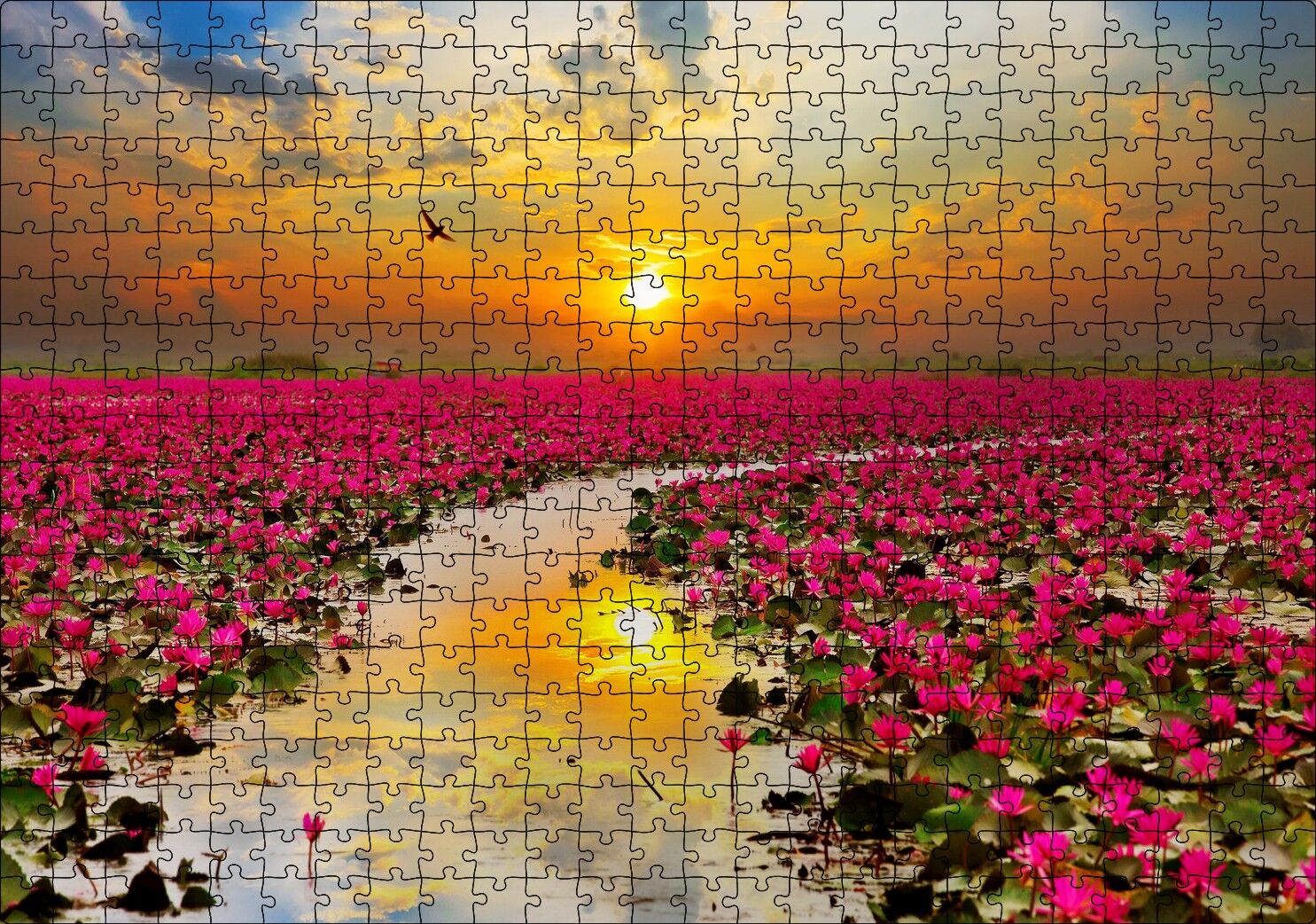 Günbatımında Gölde Pembe Çiçekler Puzzle Yapboz MDF Ahşap 500 Parça 49 cm X 68 cm