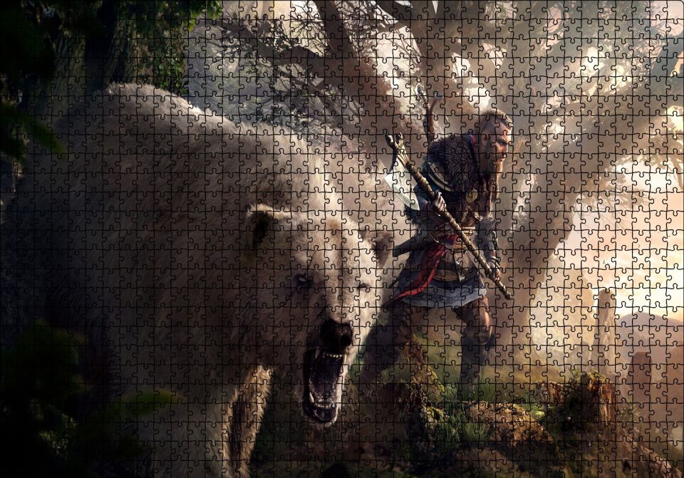 Assassins Creed Baltalı Savaşçı ve Ayı Puzzle Yapboz MDF Ahşap 1000 Parça 49 cm X 68 cm