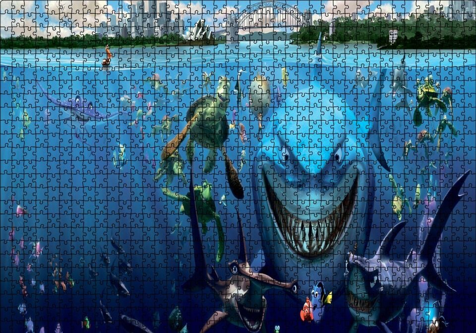 Kayıp Balık Nemo Balıklar Kaplumbağalar Puzzle Yapboz MDF Ahşap 1000 Parça 49 cm X 68 cm