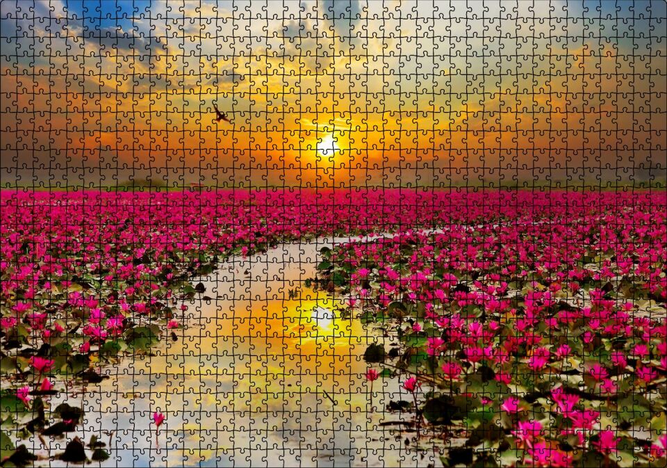Günbatımında Gölde Pembe Çiçekler Puzzle Yapboz MDF Ahşap 1000 Parça 49 cm X 68 cm