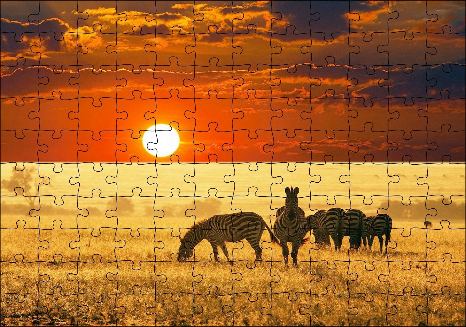 Günbatımında Savanada Zebralar Puzzle Yapboz MDF Ahşap 120 Parça 24 cm X 34 cm