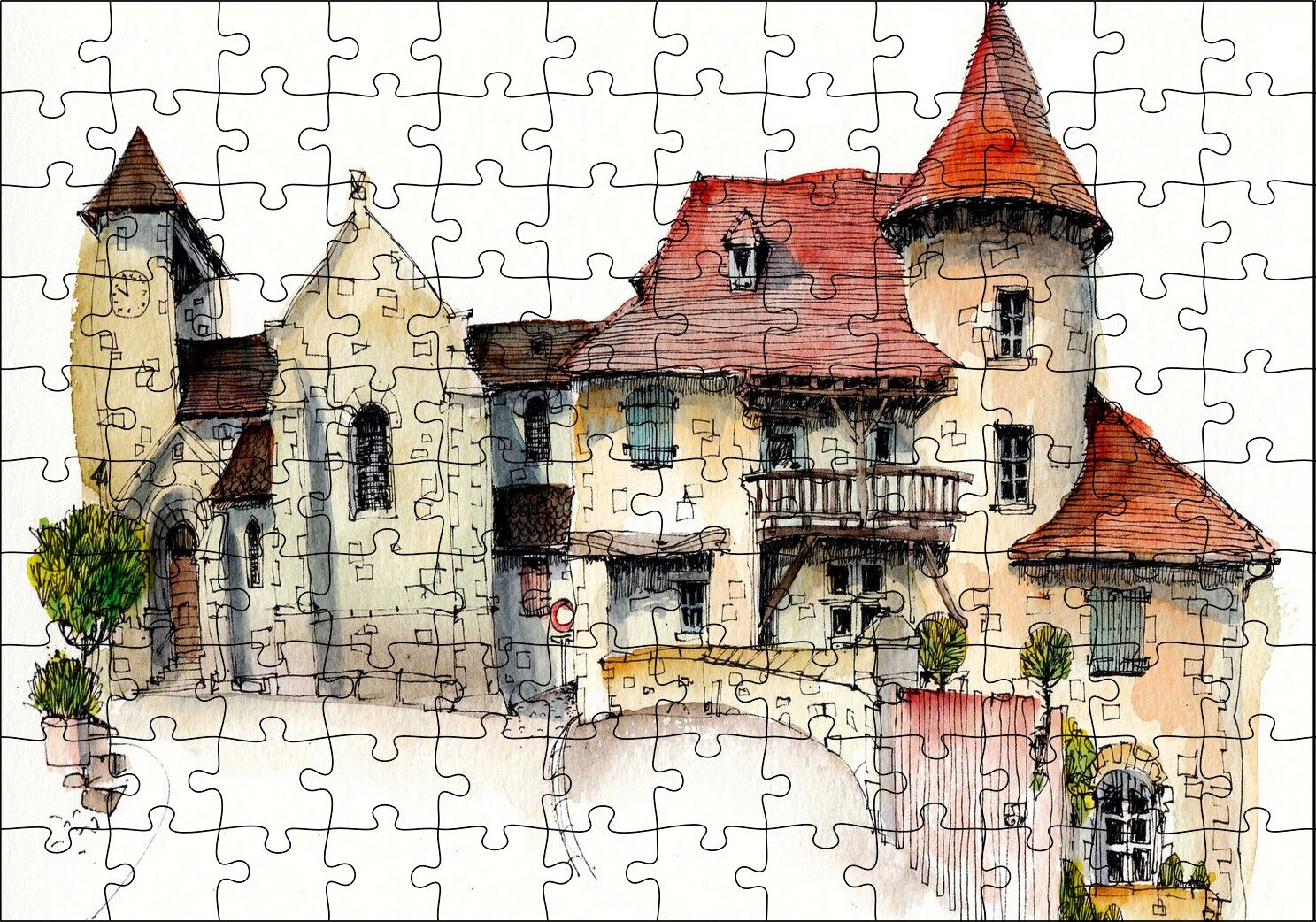 Kyurmont Kilisesi Karikatürize Çizim Puzzle Yapboz MDF Ahşap 120 Parça 24 cm X 34 cm