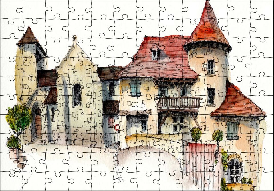 Kyurmont Kilisesi Karikatürize Çizim Puzzle Yapboz MDF Ahşap 120 Parça 24 cm X 34 cm