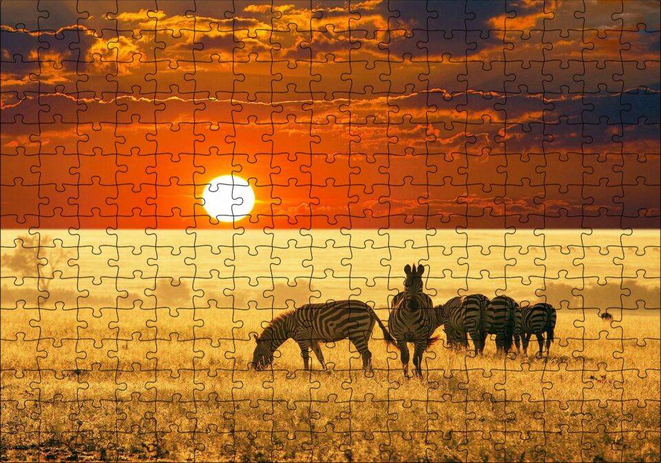 Günbatımında Savanada Zebralar Puzzle Yapboz MDF Ahşap 255 Parça 34 cm X 49 cm
