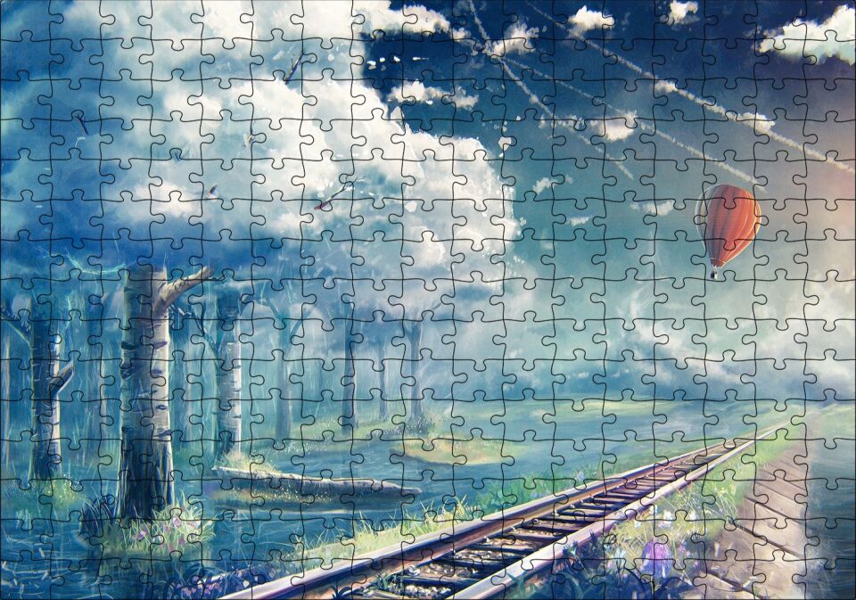 Fantastik Gökyüzü Demir Yolları Uçan Balon Beyaz Orman Görseli Puzzle Yapboz MDF Ahşap 255 Parça 34 cm X 49 cm