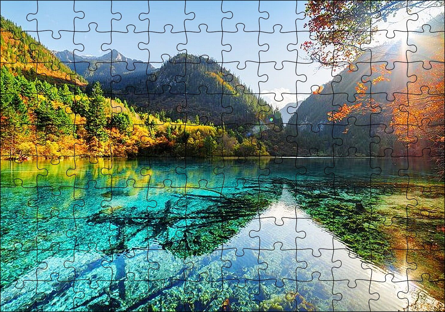 Güneş Göl Dağ Orman Manzarası Görseli Puzzle Yapboz MDF Ahşap