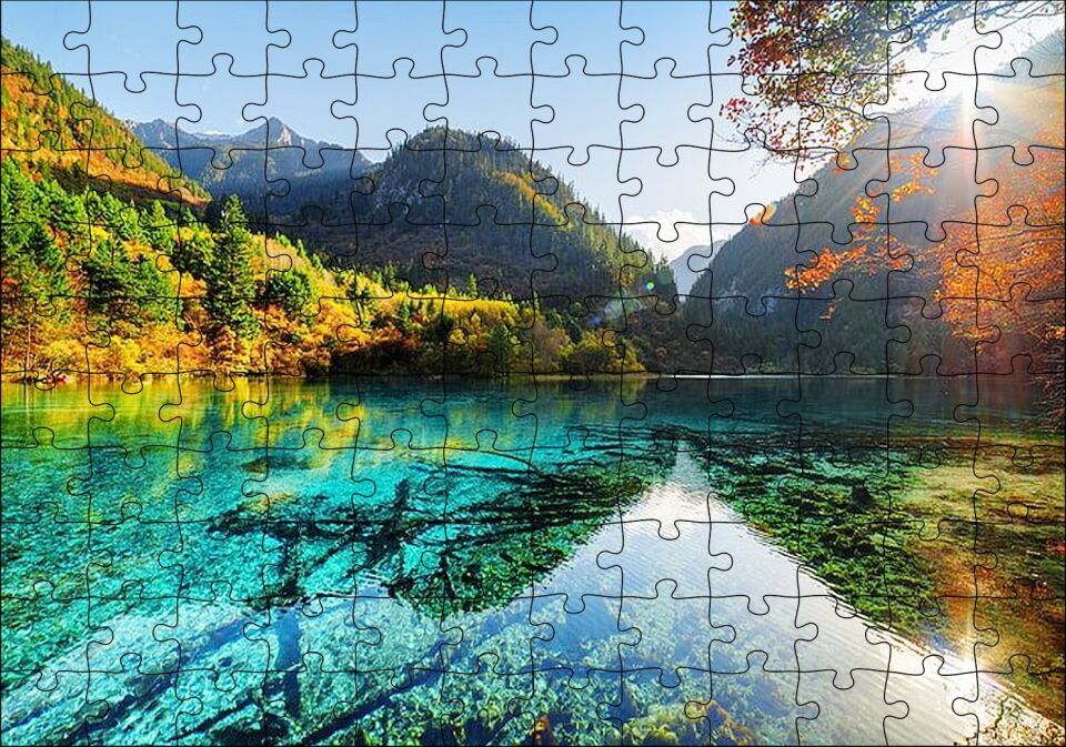 Güneş Göl Dağ Orman Manzarası Görseli Puzzle Yapboz MDF Ahşap
