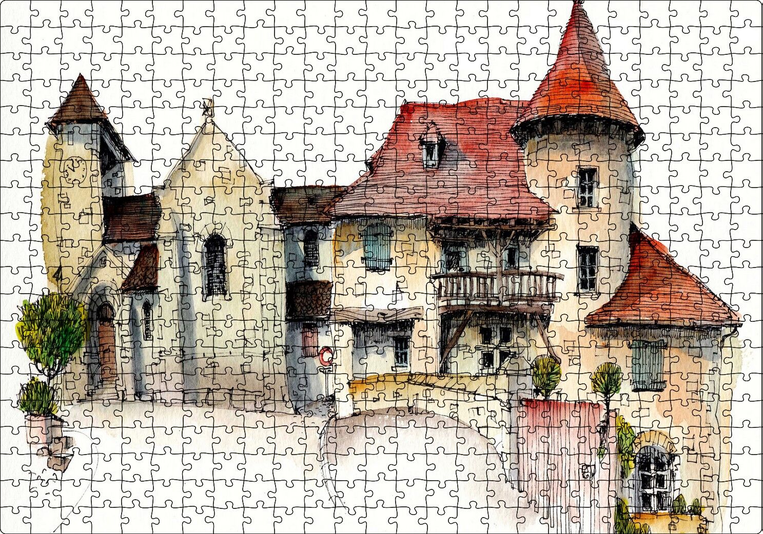 Kyurmont Kilisesi Karikatürize Çizim Puzzle Yapboz MDF Ahşap 500 Parça 49 cm X 68 cm