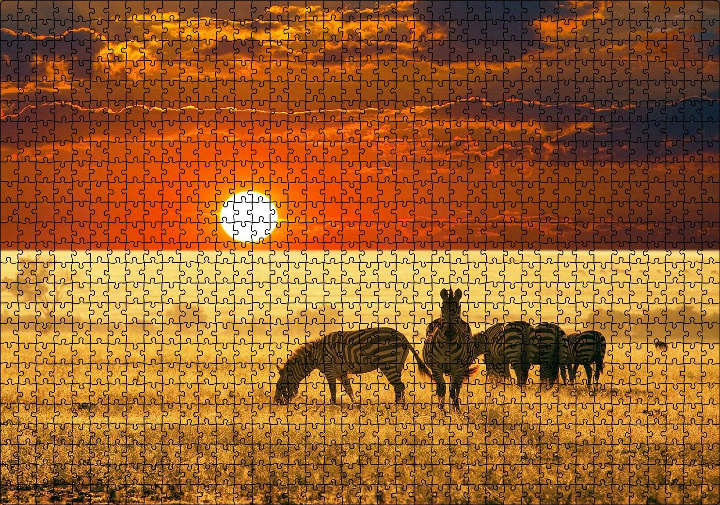 Günbatımında Savanada Zebralar Puzzle Yapboz MDF Ahşap 1000 Parça 49 cm X 68 cm