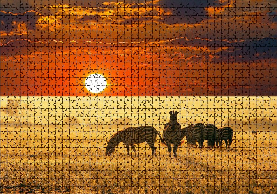 Günbatımında Savanada Zebralar Puzzle Yapboz MDF Ahşap 1000 Parça 49 cm X 68 cm