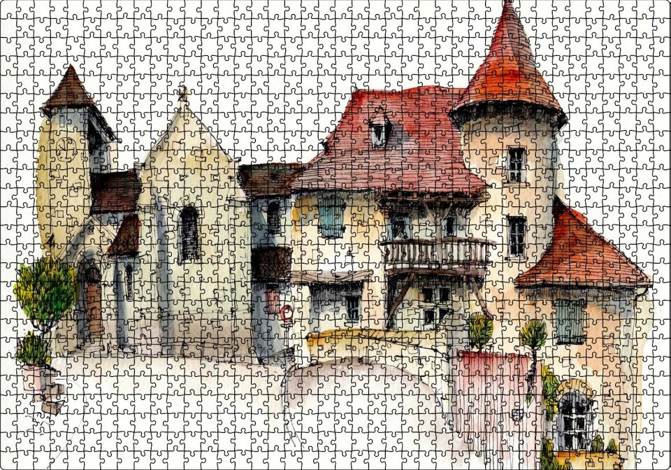 Kyurmont Kilisesi Karikatürize Çizim Puzzle Yapboz MDF Ahşap 1000 Parça 49 cm X 68 cm