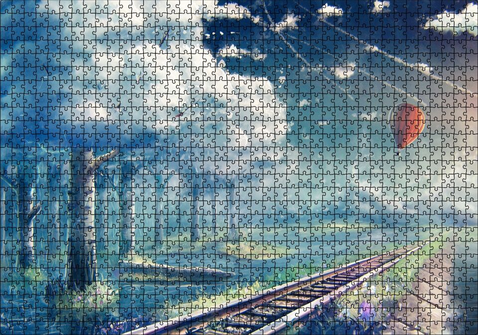 Fantastik Gökyüzü Demir Yolları Uçan Balon Beyaz Orman Görseli Puzzle Yapboz MDF Ahşap 1000 Parça 49 cm X 68 cm