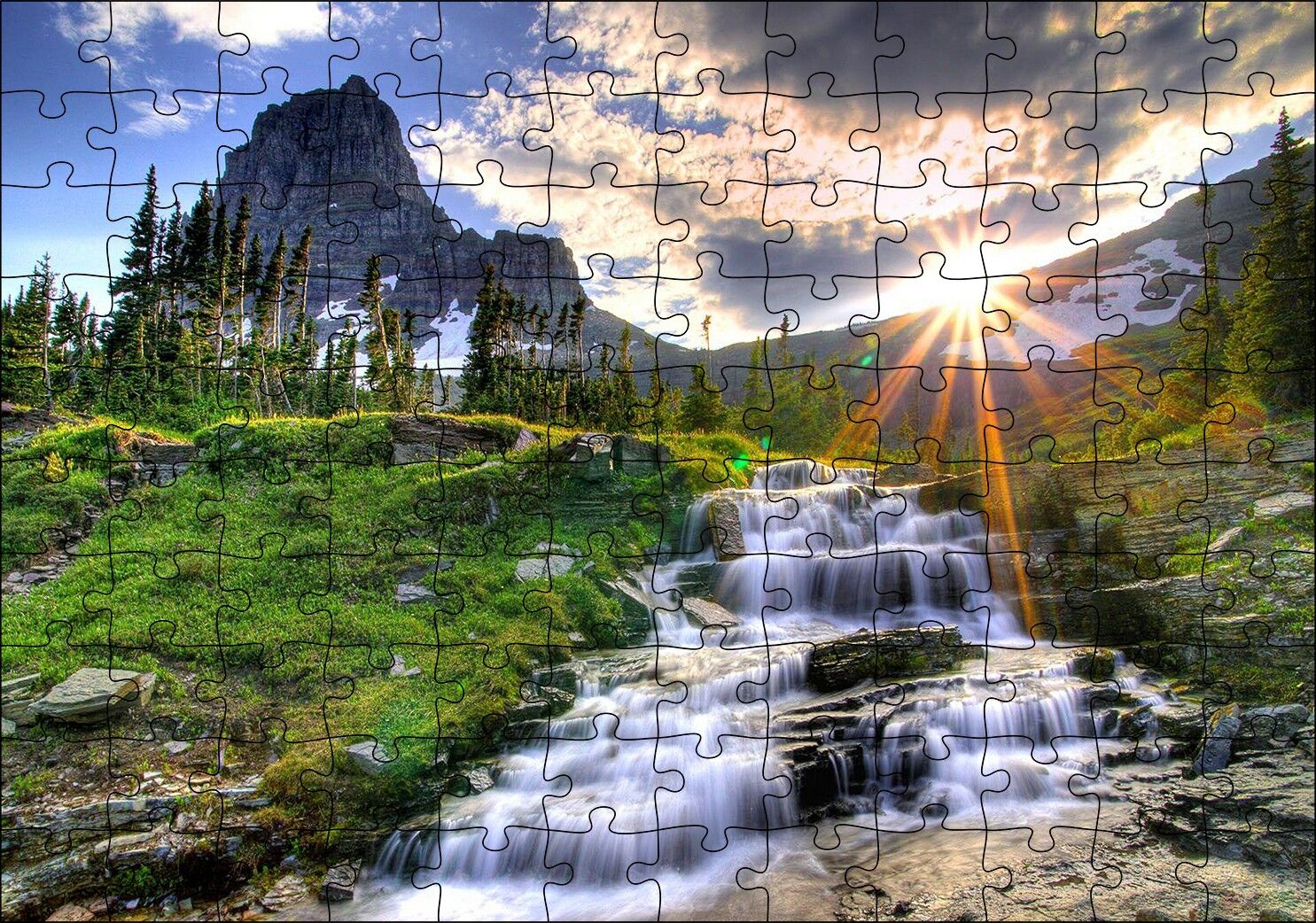 Güneş Işınları Karlı Dağ Irmak Orman Görseli Puzzle Yapboz MDF Ahşap