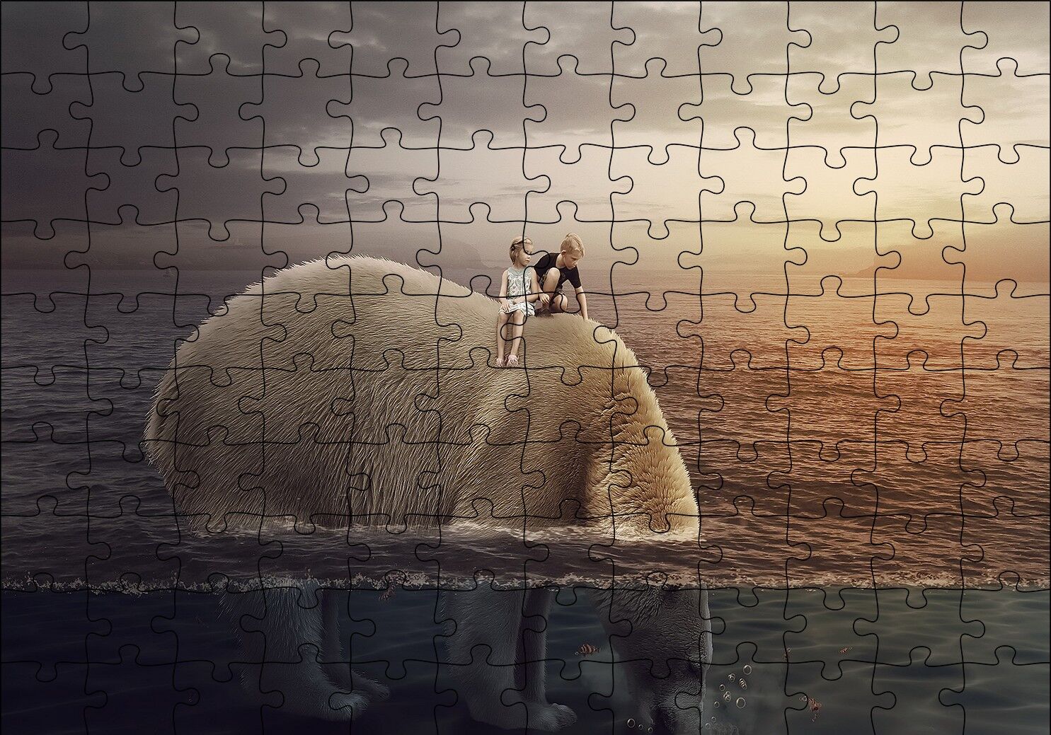 Dev Kutup Ayısı ve Üzerinde Çocuklar İllüstrasyon Puzzle Yapboz MDF Ahşap