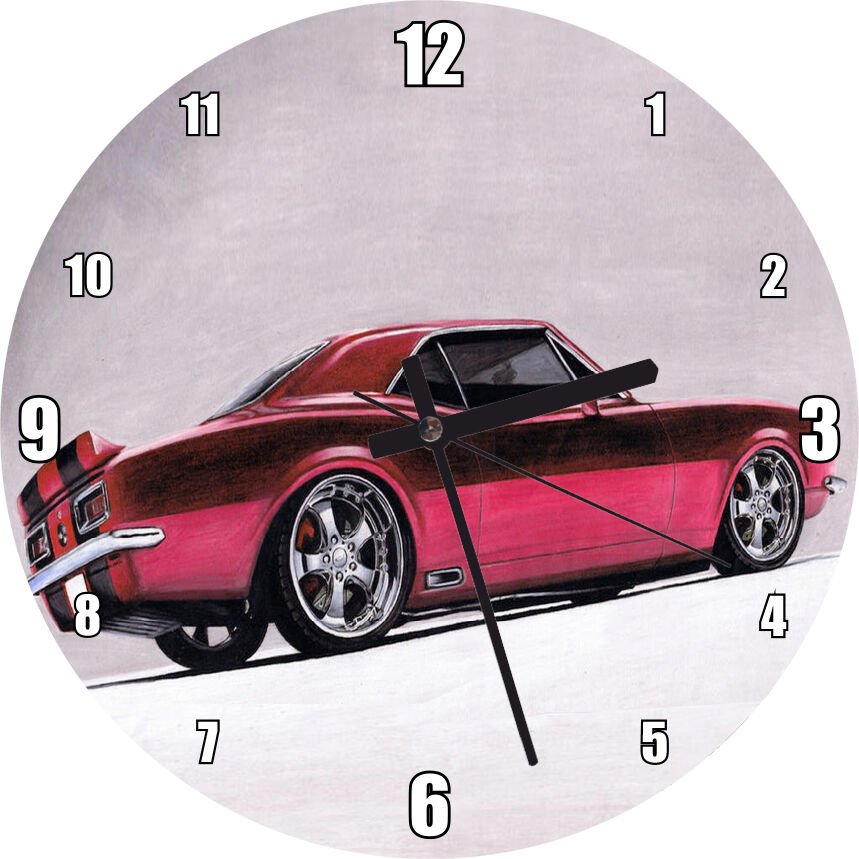 Kırmızı Camaro Kuruboya Görseli Mdf Ahşap Duvar Saati