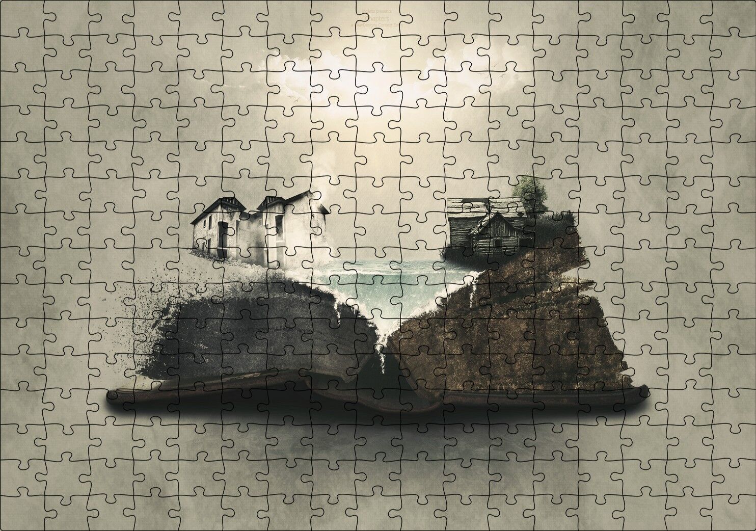 Fantastik Kitap Sayfaları Üstünde Eski Evler Puzzle Yapboz MDF Ahşap 255 Parça 34 cm X 49 cm