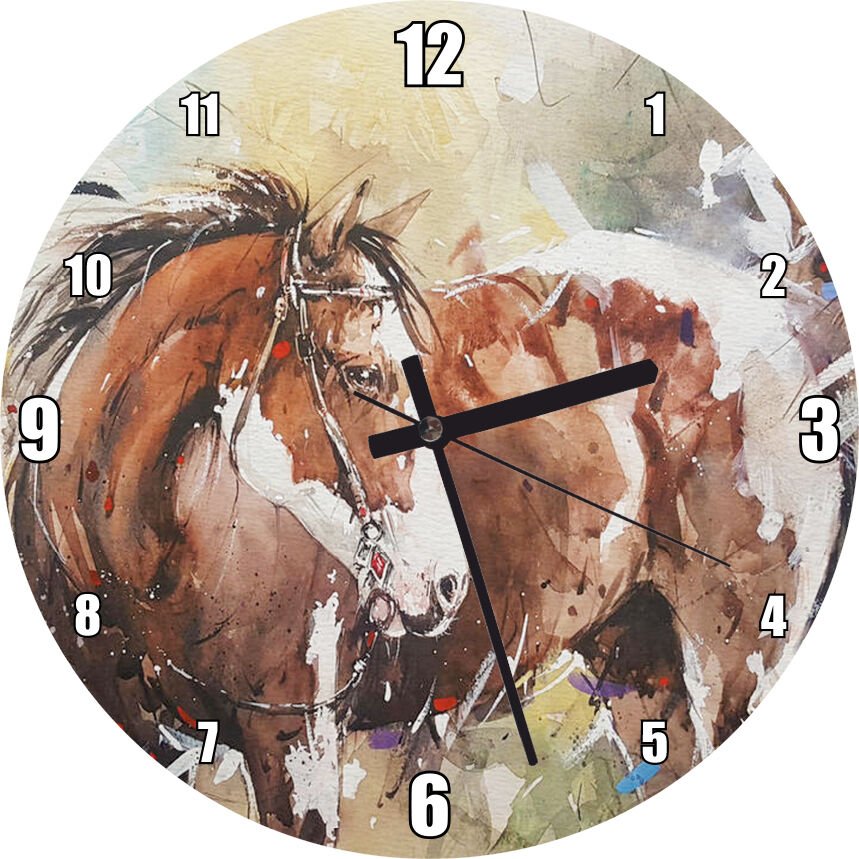 Kahverengi Beyaz At Büyük Fırça Darbeleri Görsel Mdf Ahşap Duvar Saati