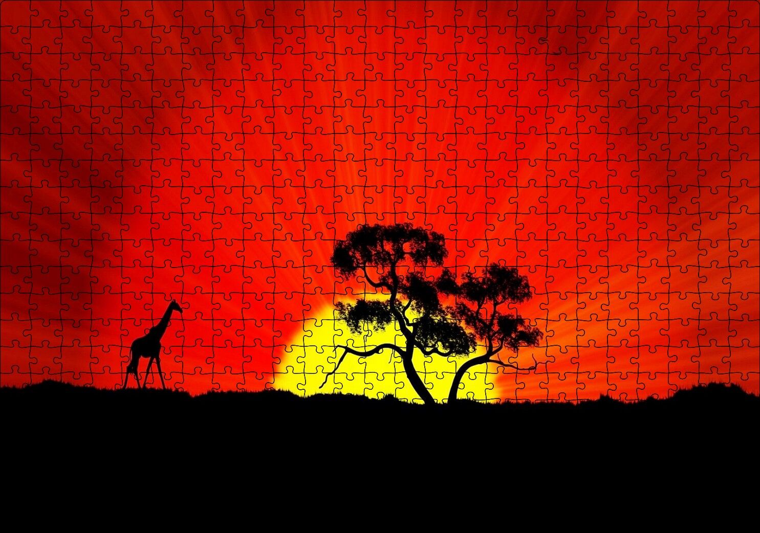 Günbatımında Yalnız Ağaç ve Zürafa Puzzle Yapboz MDF Ahşap 500 Parça 49 cm X 68 cm