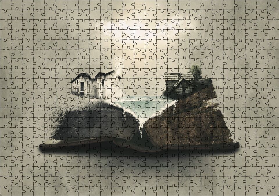 Fantastik Kitap Sayfaları Üstünde Eski Evler Puzzle Yapboz MDF Ahşap 500 Parça 49 cm X 68 cm