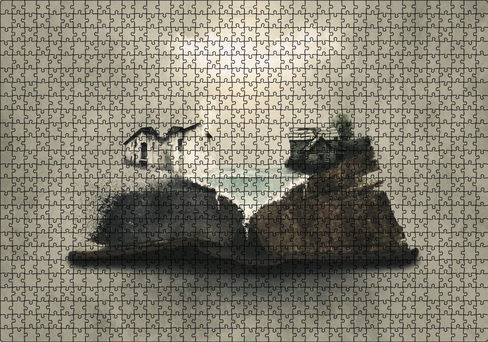 Fantastik Kitap Sayfaları Üstünde Eski Evler Puzzle Yapboz MDF Ahşap 1000 Parça 49 cm X 68 cm