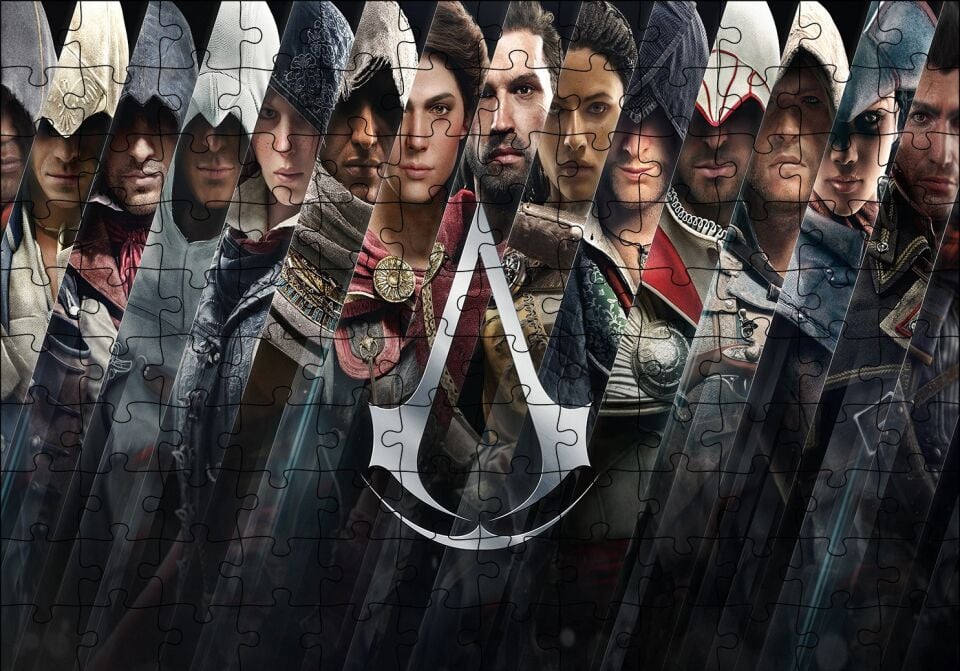 Assassins Creed Dikey Şeritler Tüm Karakterler Puzzle Yapboz MDF Ahşap 120 Parça 24 cm X 34 cm