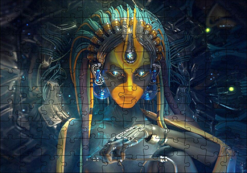 Kadın Cyborg Dijital Sanat Puzzle Yapboz MDF Ahşap 120 Parça 24 cm X 34 cm