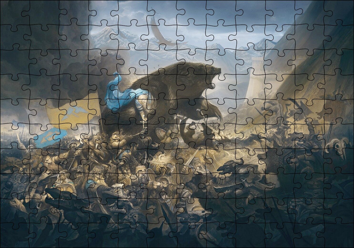 Savaş Alanında Savaşçılar ve Dev Ayı Puzzle Yapboz MDF Ahşap 120 Parça 24 cm X 34 cm