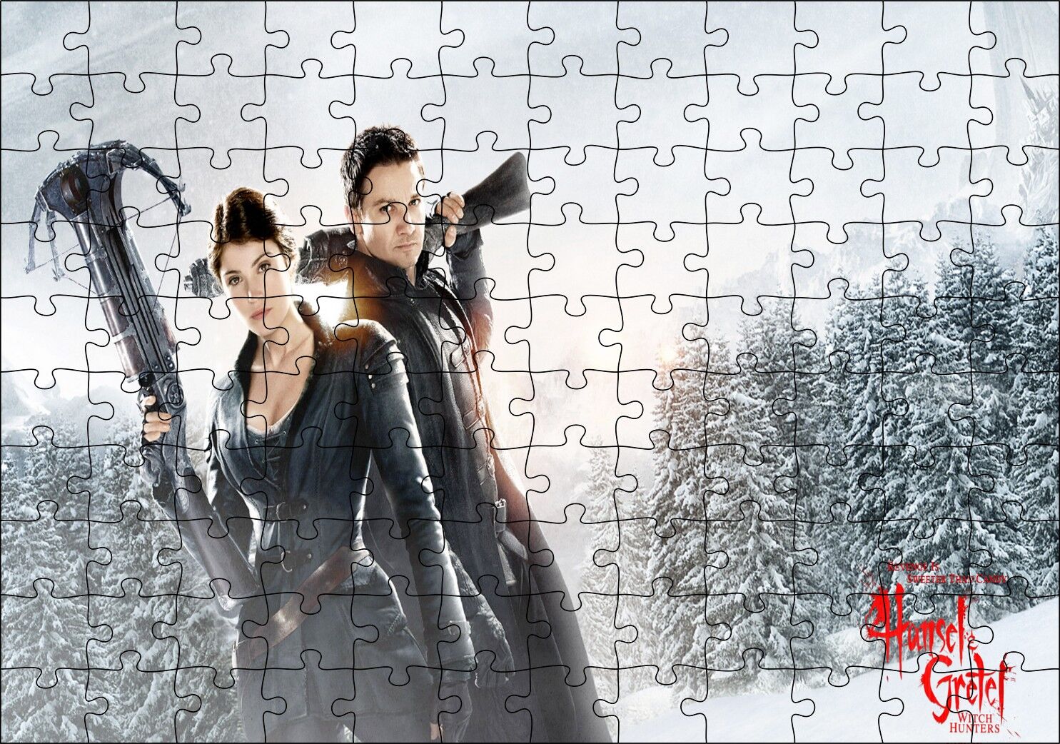 Fantezi Gretel Hansel Avcılar Silahlar Kış Cadı Puzzle Yapboz MDF Ahşap 120 Parça 24 cm X 34 cm