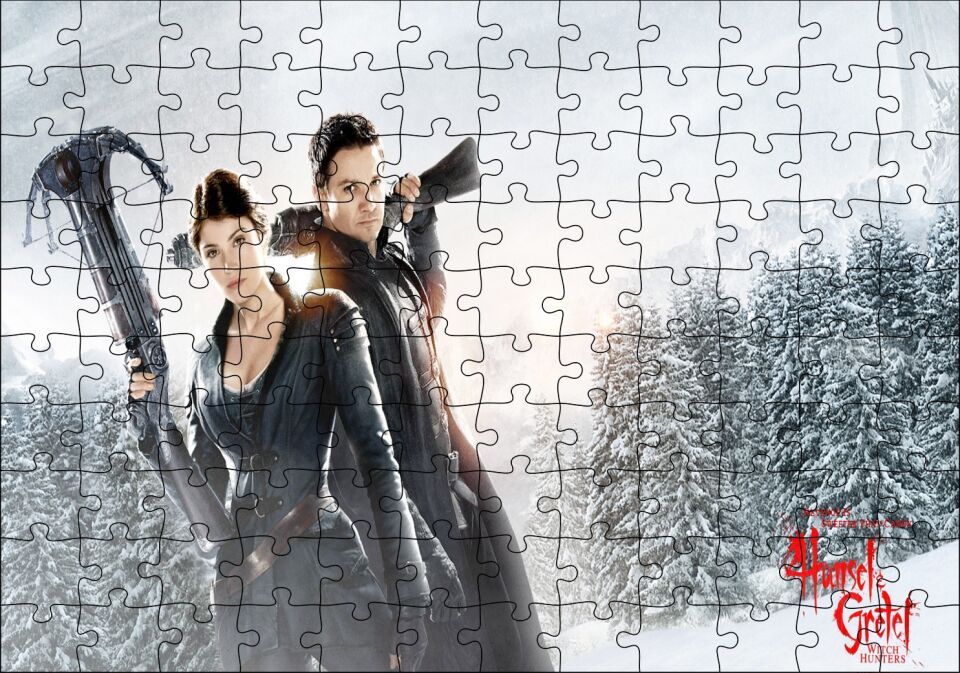 Fantezi Gretel Hansel Avcılar Silahlar Kış Cadı Puzzle Yapboz MDF Ahşap 120 Parça 24 cm X 34 cm