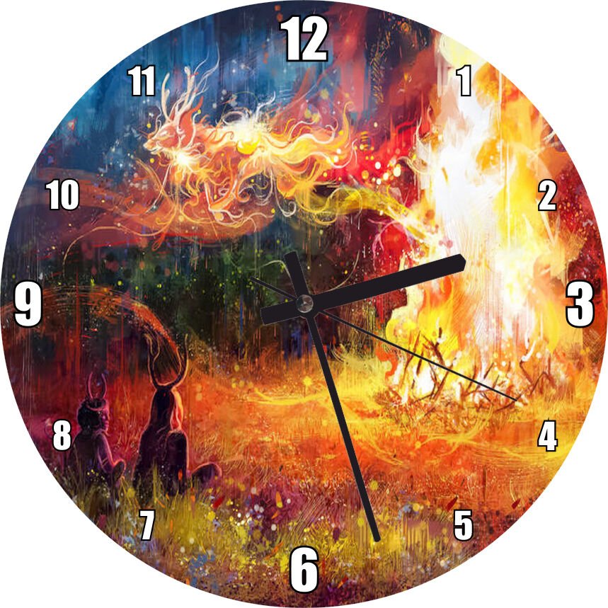 Gece Ormanda Kamp Ateşi ve Yüksek Alevler Görseli Mdf Ahşap Duvar Saati
