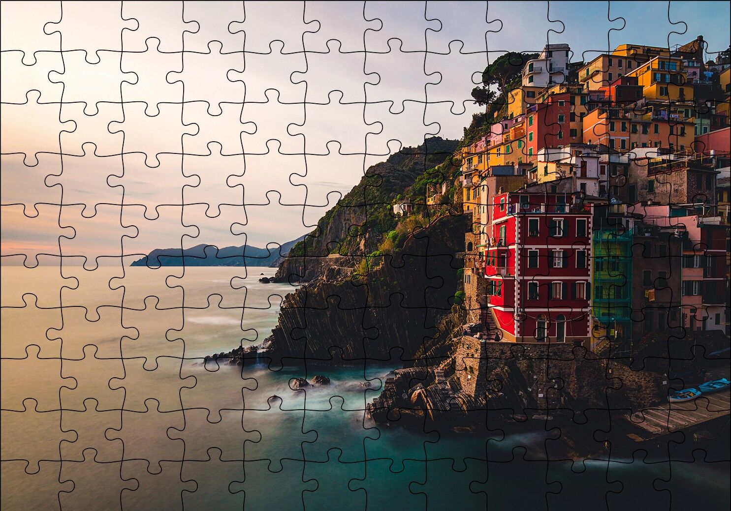 İtalya'da Sahil Kasabası Kayalıklar Evler ve Gün Batımı Puzzle Yapboz MDF Ahşap