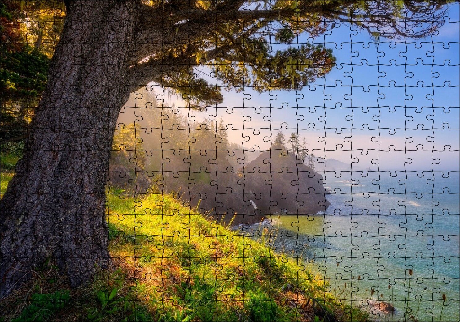 Gündoğumu Deniz Manzaralı Tepedeki Ağaç Puzzle Yapboz MDF Ahşap 255 Parça 34 cm X 49 cm