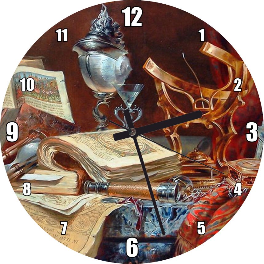 Eski Kitaplar Kum Saati Dürbün ve Usturlab Görseli Mdf Ahşap Duvar Saati