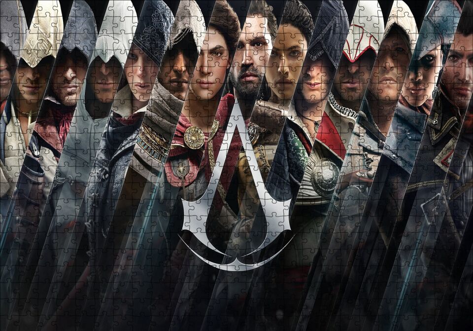 Assassins Creed Dikey Şeritler Tüm Karakterler Puzzle Yapboz MDF Ahşap 500 Parça 49 cm X 68 cm