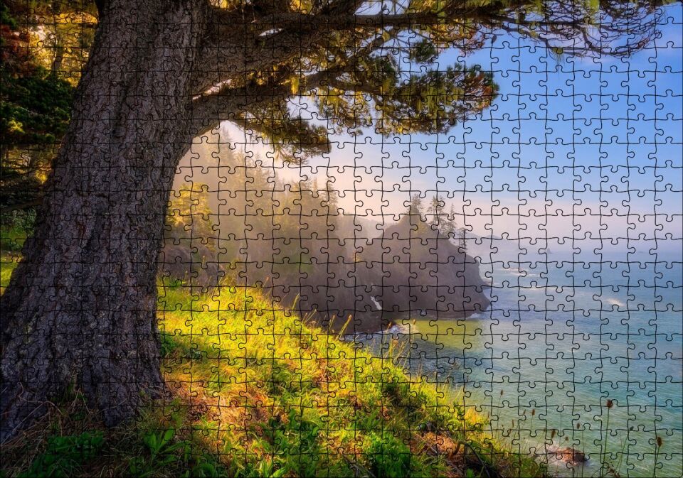 Gündoğumu Deniz Manzaralı Tepedeki Ağaç Puzzle Yapboz MDF Ahşap 500 Parça 49 cm X 68 cm