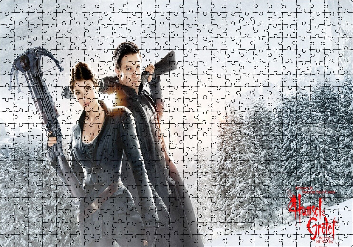 Fantezi Gretel Hansel Avcılar Silahlar Kış Cadı Puzzle Yapboz MDF Ahşap 500 Parça 49 cm X 68 cm