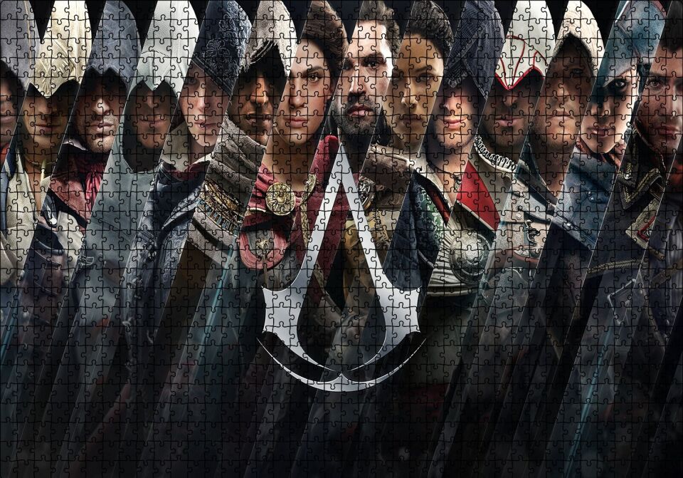 Assassins Creed Dikey Şeritler Tüm Karakterler Puzzle Yapboz MDF Ahşap 1000 Parça 49 cm X 68 cm