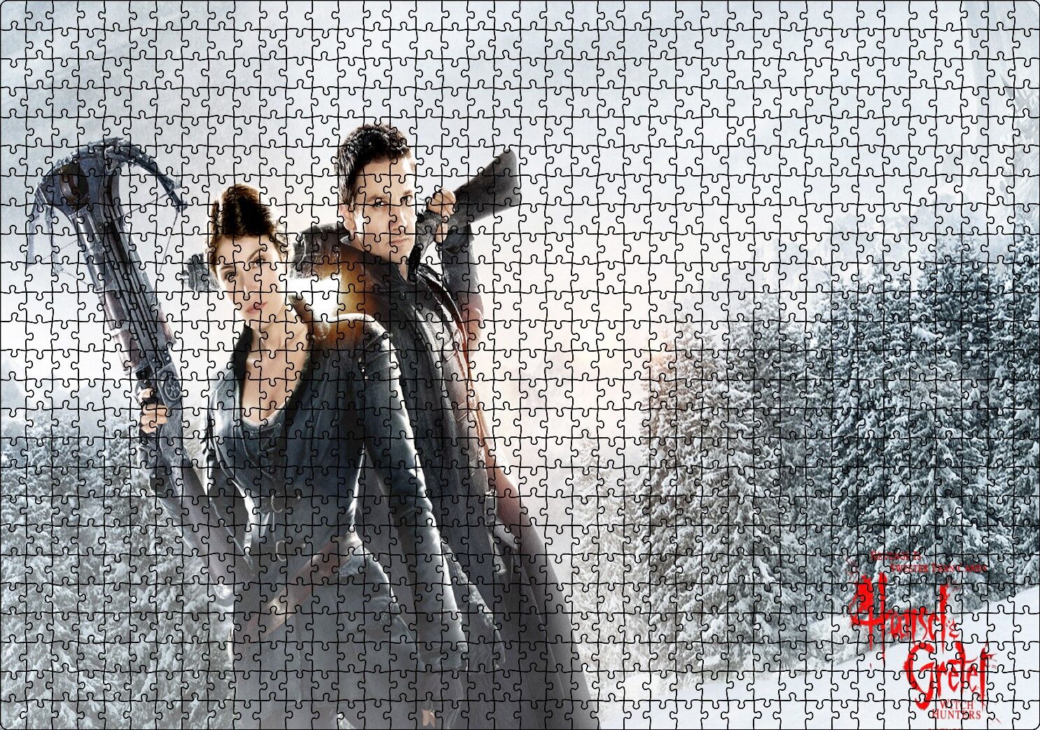Fantezi Gretel Hansel Avcılar Silahlar Kış Cadı Puzzle Yapboz MDF Ahşap 1000 Parça 49 cm X 68 cm
