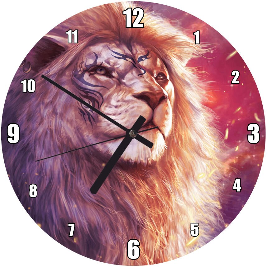 Işıltılı Havalı Aslan Resmi Mdf Ahşap Duvar Saati 50 cm Çap