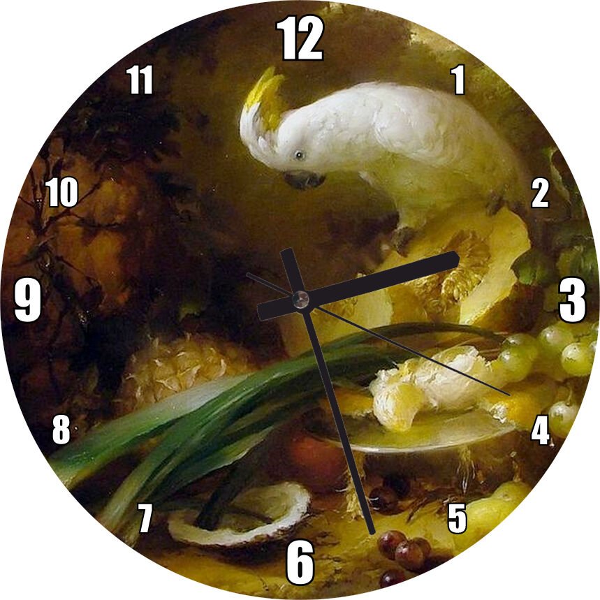 Beyaz Papağan ve Taze Meyveler Mdf Ahşap Duvar Saati