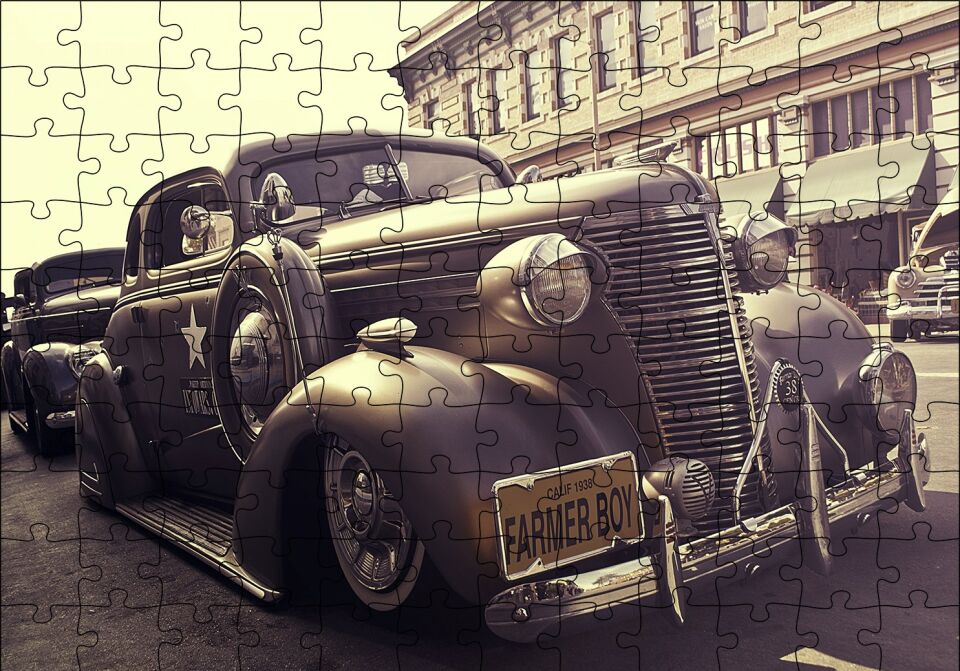Çiftçi Çocuk Plakalı 1938 Model Antika Araç Puzzle Yapboz MDF Ahşap 120 Parça 24 cm X 34 cm
