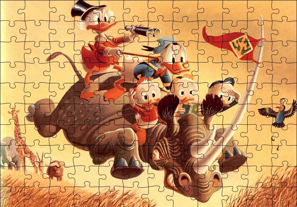 Donald Duck ve Torunları Gergedan Üzerinde Puzzle Yapboz MDF Ahşap