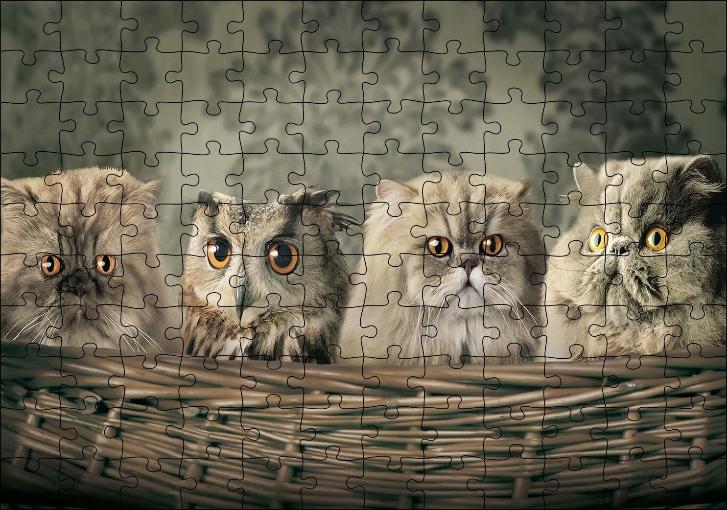 Sepetin İçinde Üç Kedi ve Bir Baykuş Puzzle Yapboz MDF Ahşap 120 Parça 24 cm X 34 cm