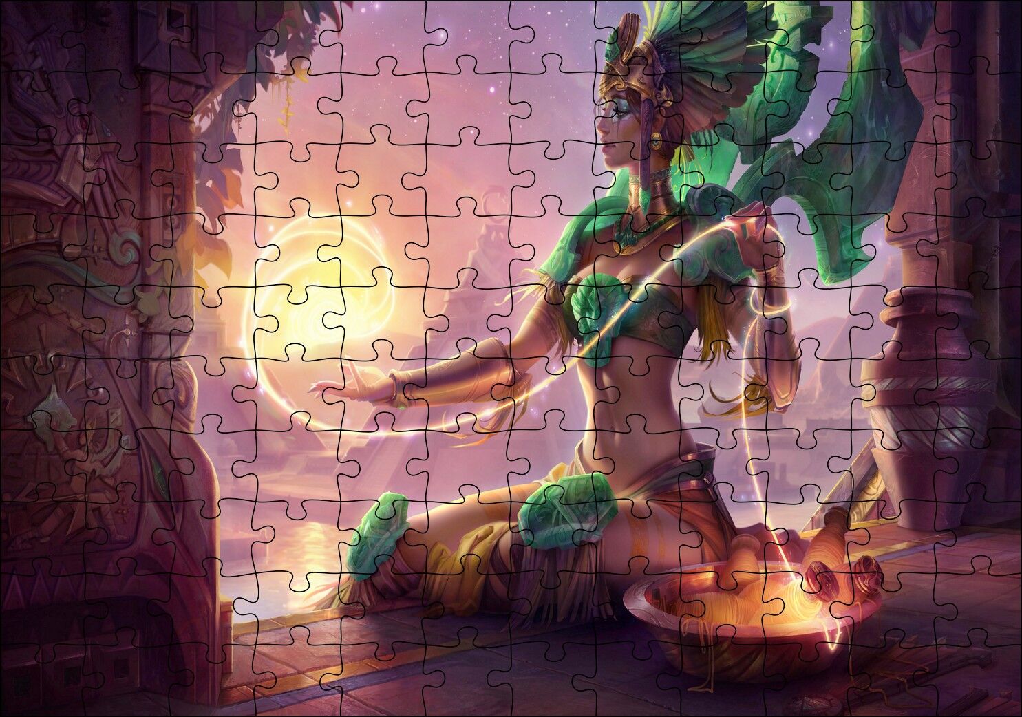 Güneşi Ören Yeşil Kıyafetli Melek Puzzle Yapboz MDF Ahşap 120 Parça 24 cm X 34 cm