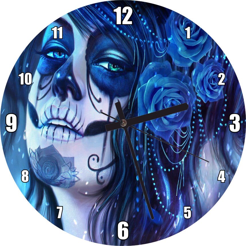 Ölülerin Günü Lacivert Güller ve Boyalar Görseli Mdf Ahşap Duvar Saati