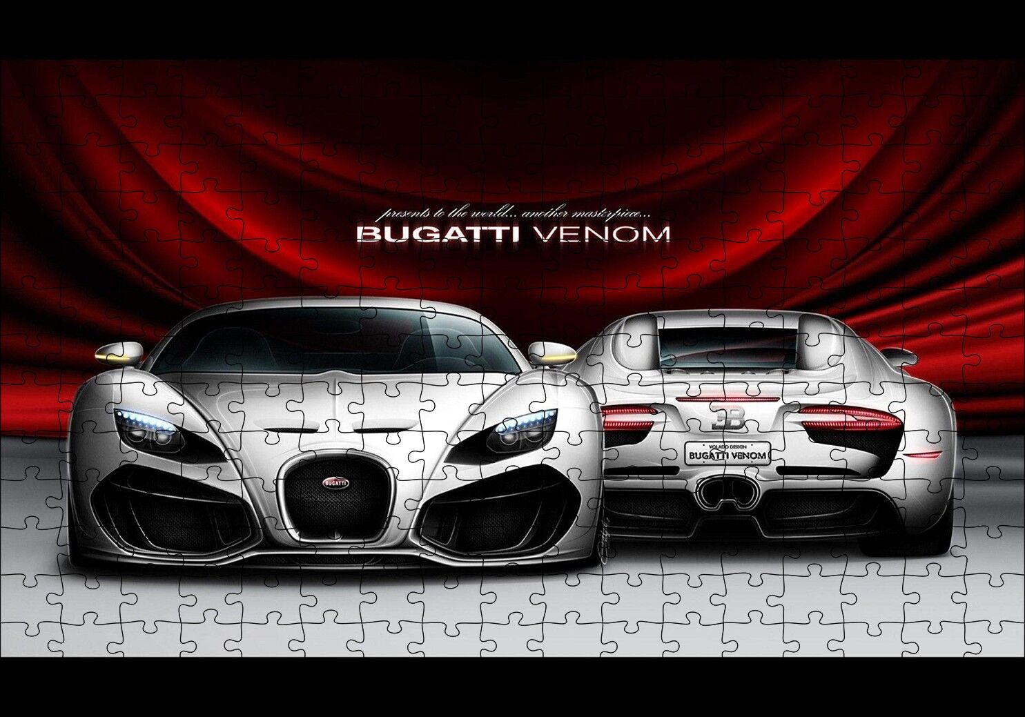 Gri Bugatti Venom Ön ve Arka Görünüş Puzzle Yapboz MDF Ahşap 255 Parça 34 cm X 49 cm