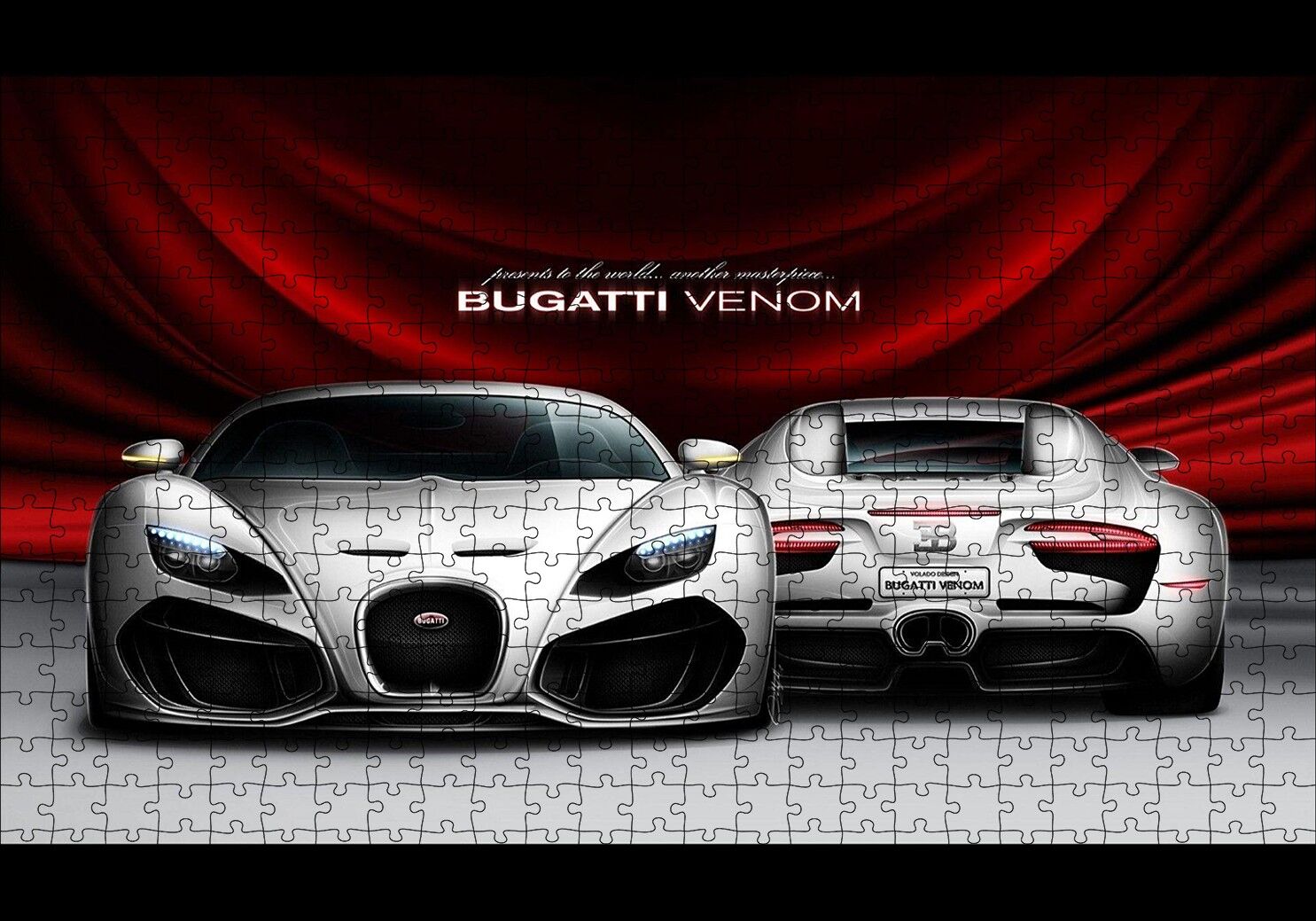 Gri Bugatti Venom Ön ve Arka Görünüş Puzzle Yapboz MDF Ahşap 500 Parça 49 cm X 68 cm