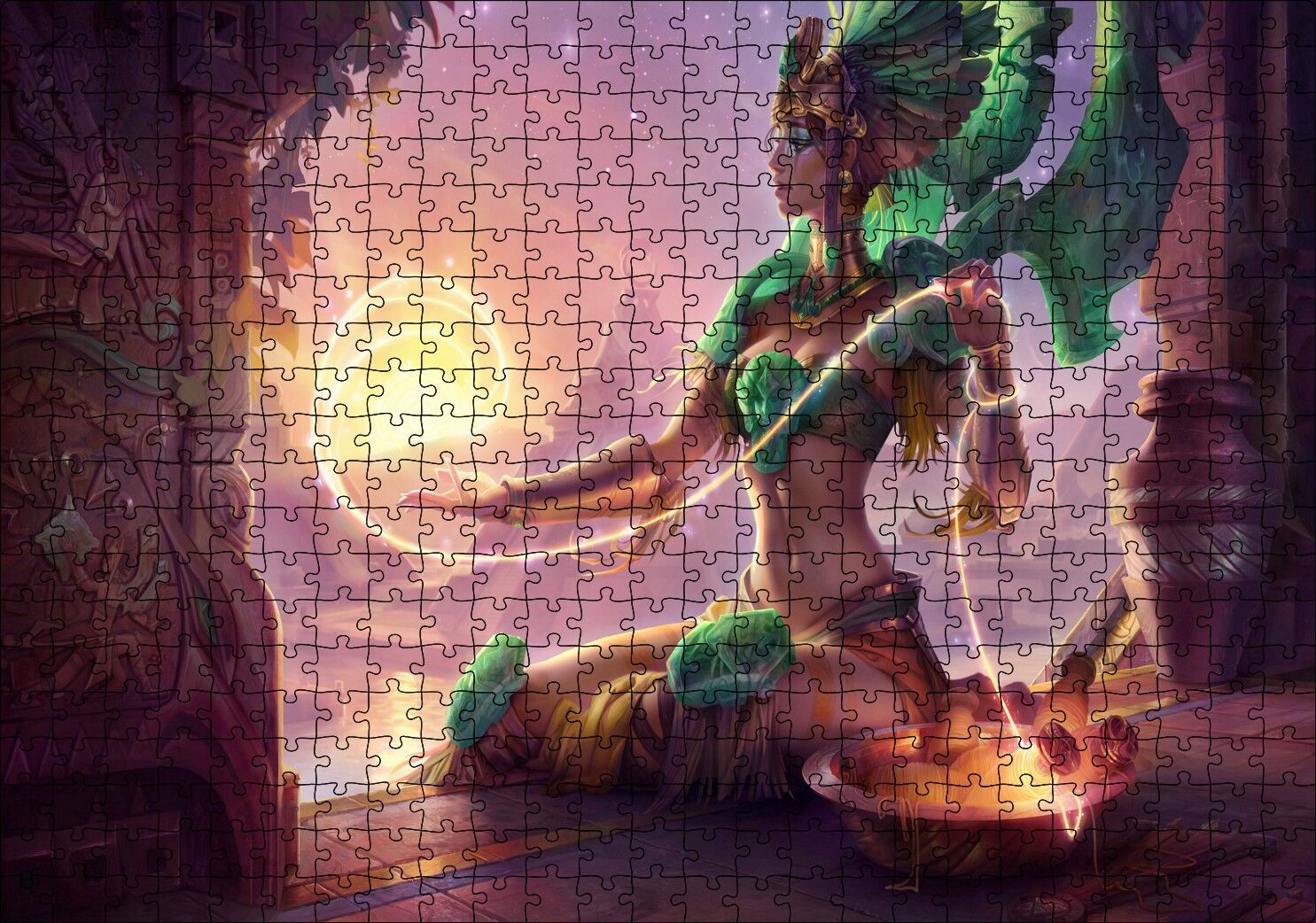 Güneşi Ören Yeşil Kıyafetli Melek Puzzle Yapboz MDF Ahşap 500 Parça 49 cm X 68 cm