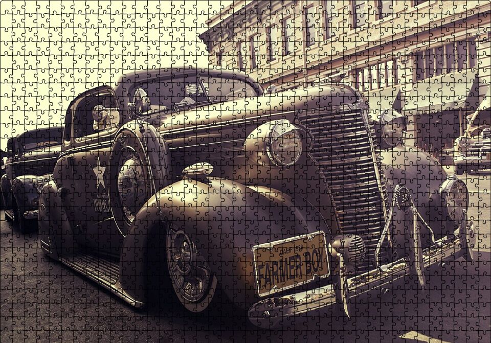 Çiftçi Çocuk Plakalı 1938 Model Antika Araç Puzzle Yapboz MDF Ahşap 1000 Parça 49 cm X 68 cm