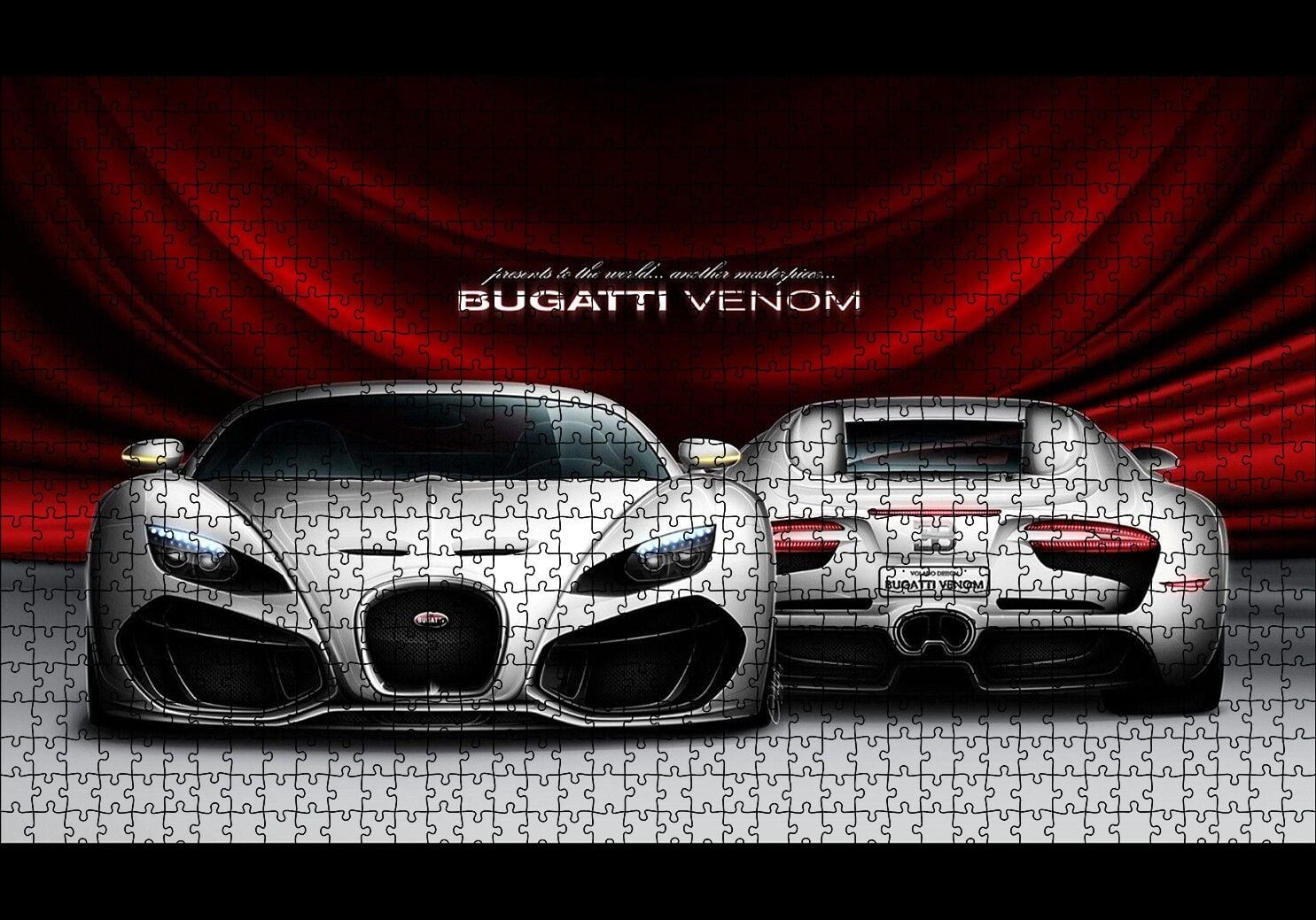 Gri Bugatti Venom Ön ve Arka Görünüş Puzzle Yapboz MDF Ahşap 1000 Parça 49 cm X 68 cm